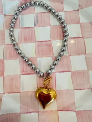 Silver Beaded Gold Heart Necklace