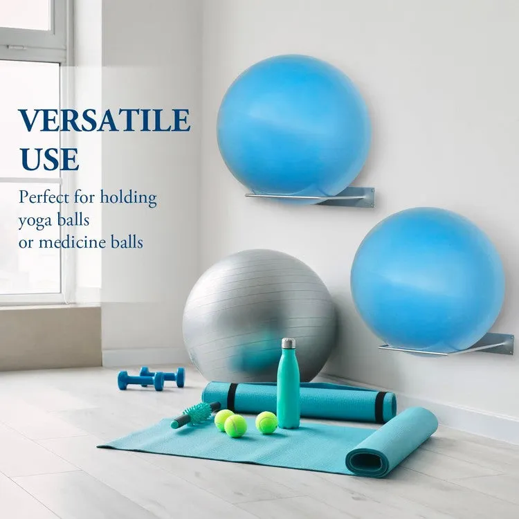 Silver Tone Metal Wire Wall Mounted Large Stability Ball Storage Rack, Gym Exercise Equipment Organizer, Set of 2