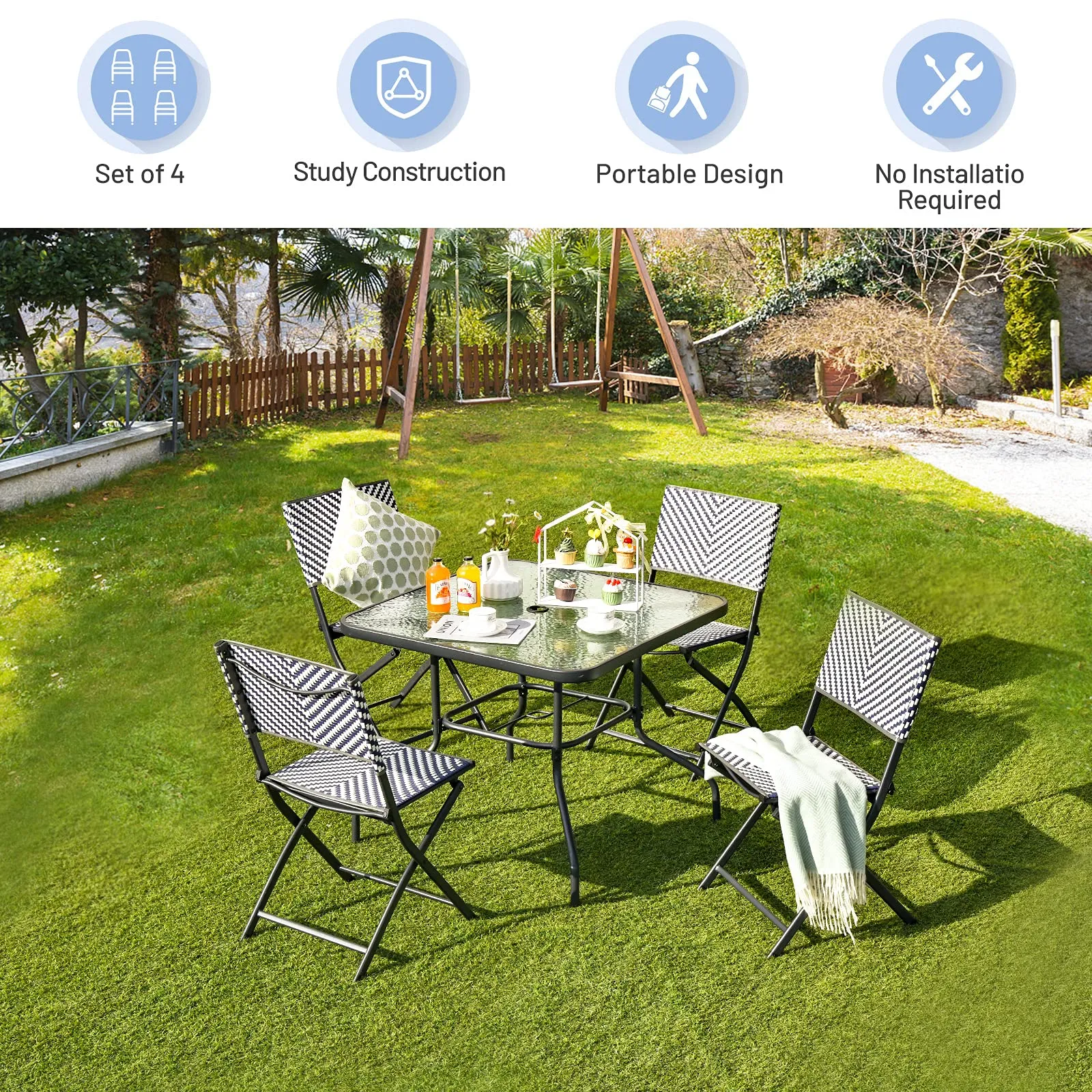 Tangkula 4-Piece Patio Dining Chairs, Outdoor PE Wicker Folding Chairs with Rustproof Frame