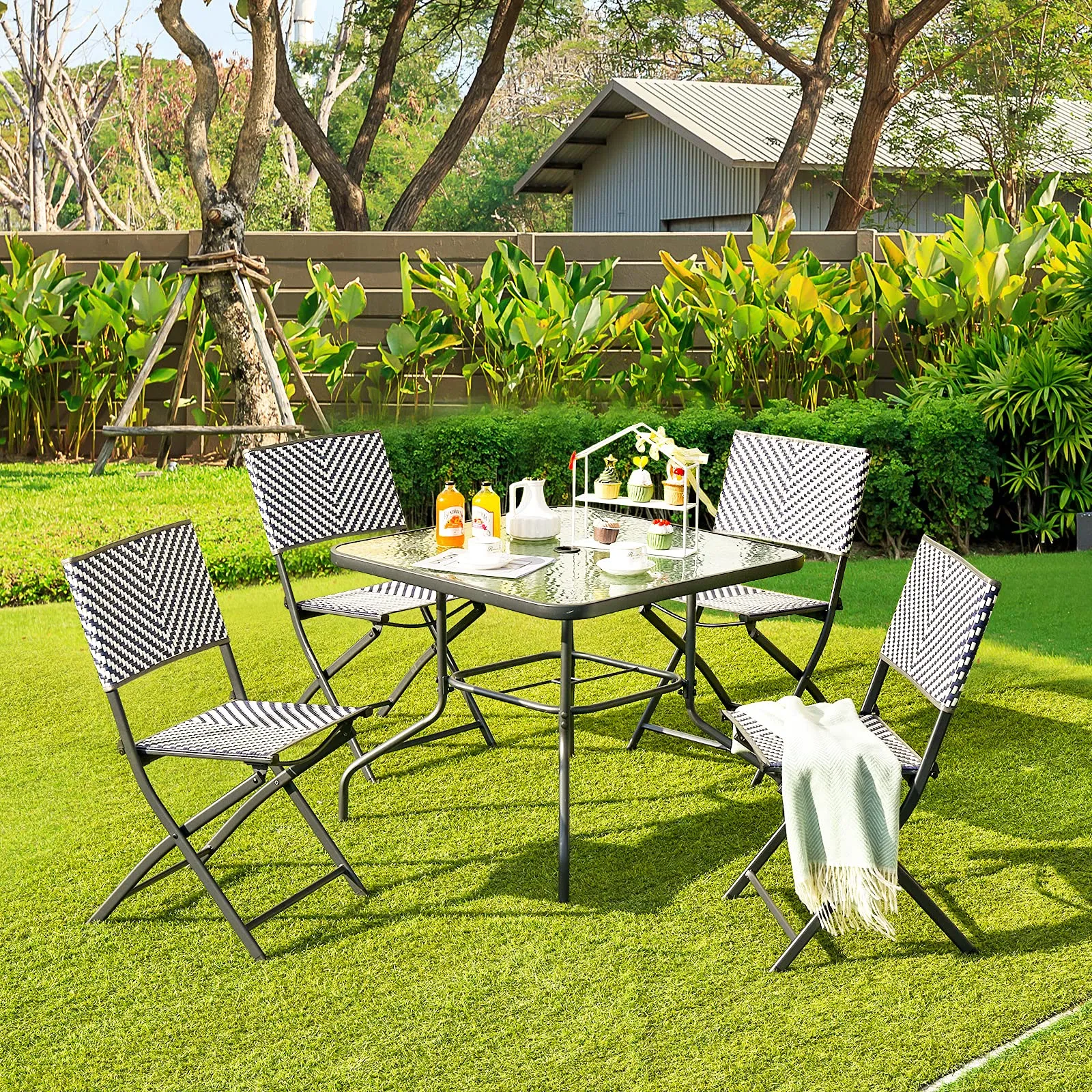 Tangkula 4-Piece Patio Dining Chairs, Outdoor PE Wicker Folding Chairs with Rustproof Frame