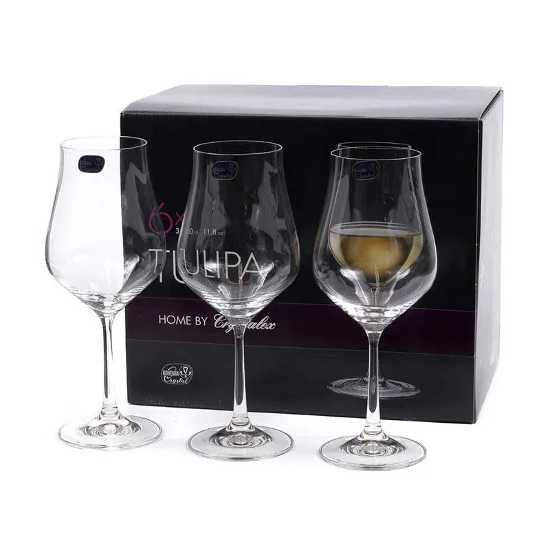 Tulipia Wine Glass Clear Bohemia Crystal Glassware | Set of 6 | 2 x 9 inches | 350ml