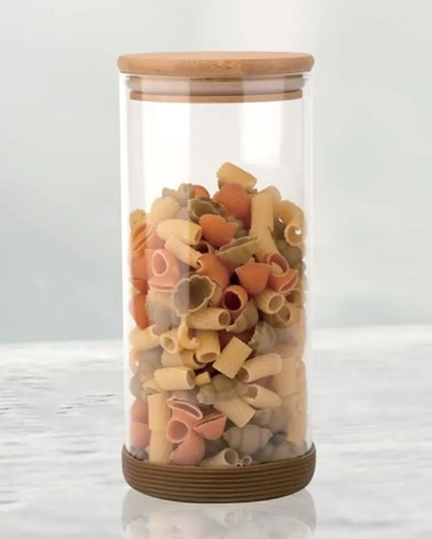 Viria Round Borosilicate Glass Jar for Kitchen Storage Containers with Wooden Lid | 1300ml