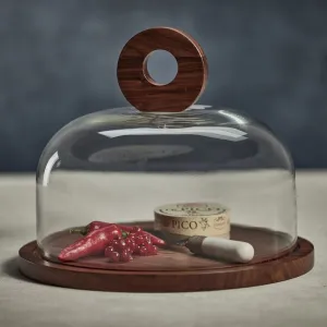 Walnut Wood Cheese Board w/Glass Cloche